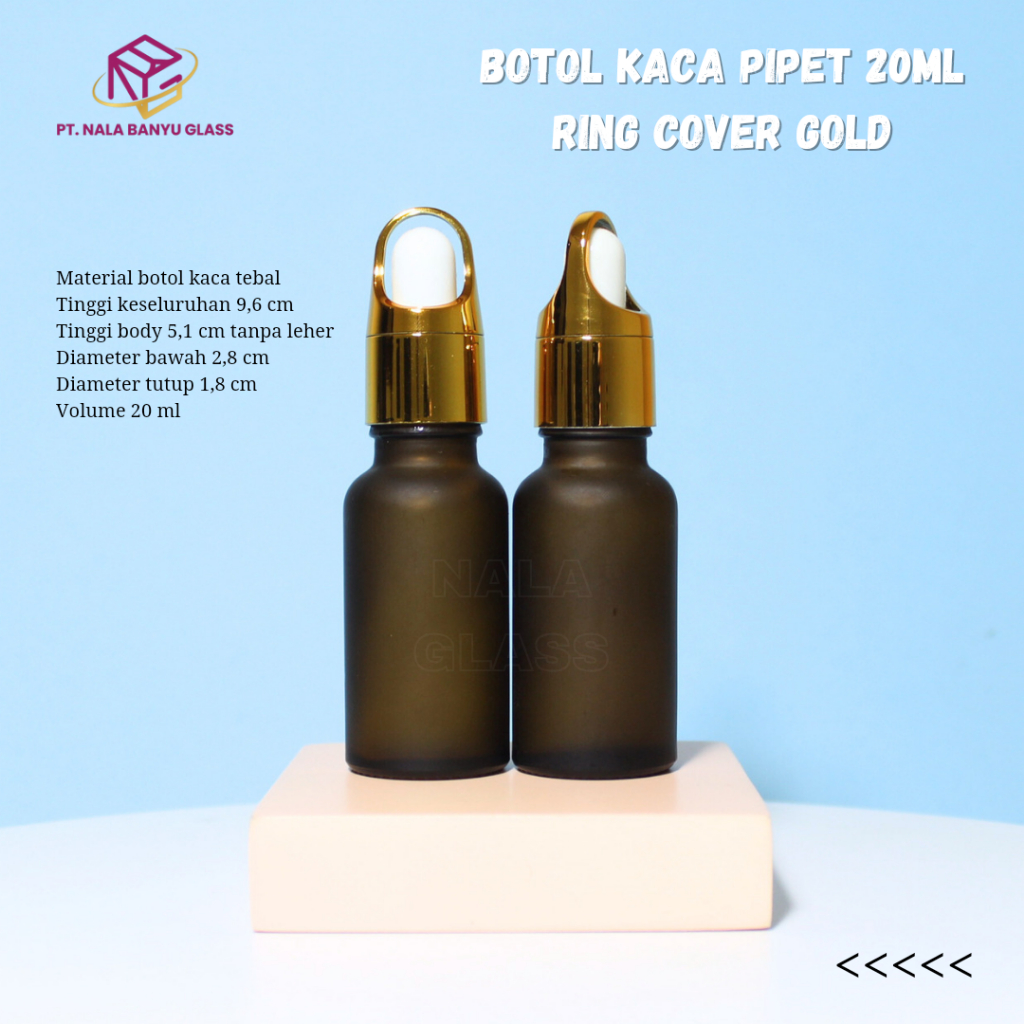 botol kaca pipet 20ml coklat amber doff frosted ring gold