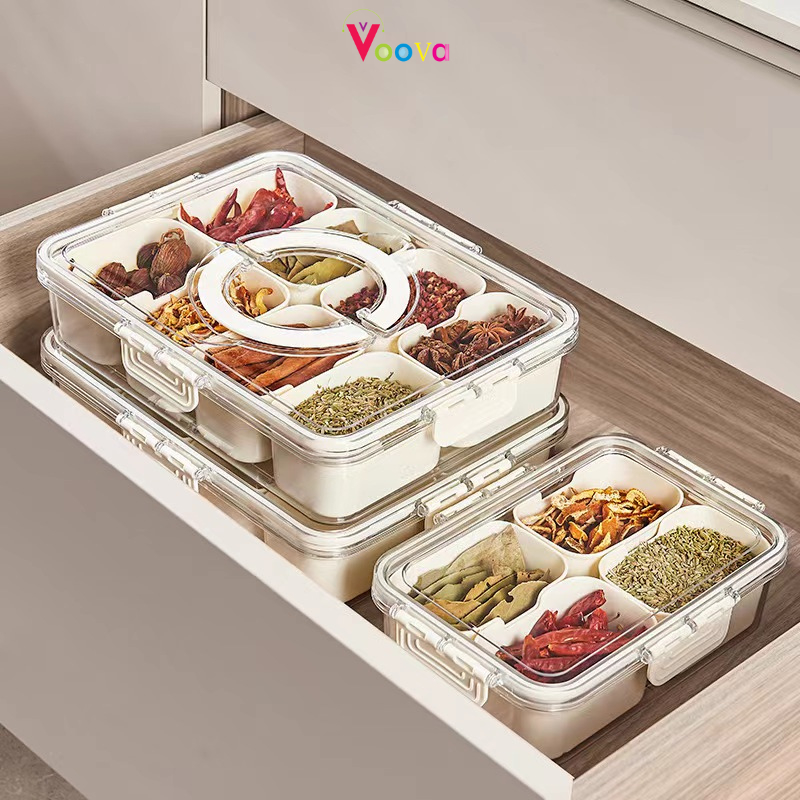 VOOVA Food Container/ Kotak Penyimpanan Kulkas/ 4 Grid/ 8 Grid/ Wadah Multi-Fungsional Multi-Ukuran/