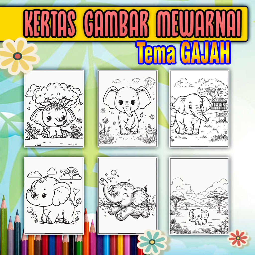 

Kertas Mewarnai Anak paud, sd, smp, sma maupun dewasa kertas tebal ukuran A4 tema HEWAN GAJAH