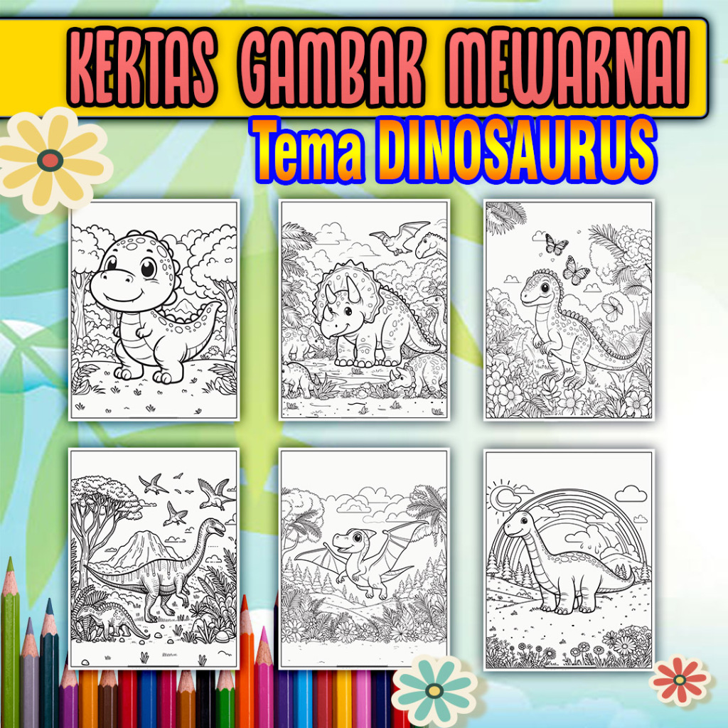

Kertas Mewarnai Anak paud, sd, smp, sma maupun dewasa kertas tebal ukuran A4 tema DINOSAURUS