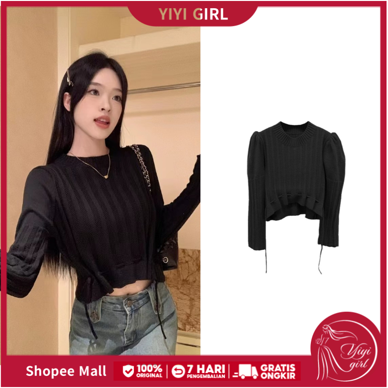 Baju Sweater Rajut Crop Top Wanita Lengan Panjang Korean Style Polos Vintage Sweater Rajut Wanita