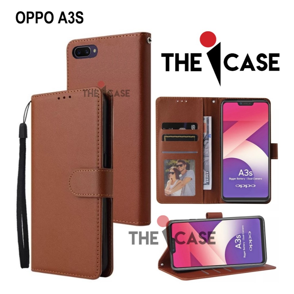 Casing OPPO A3S model flip buka tutup case kulit ada tempat foto dan kartu juga tali hp flip cover