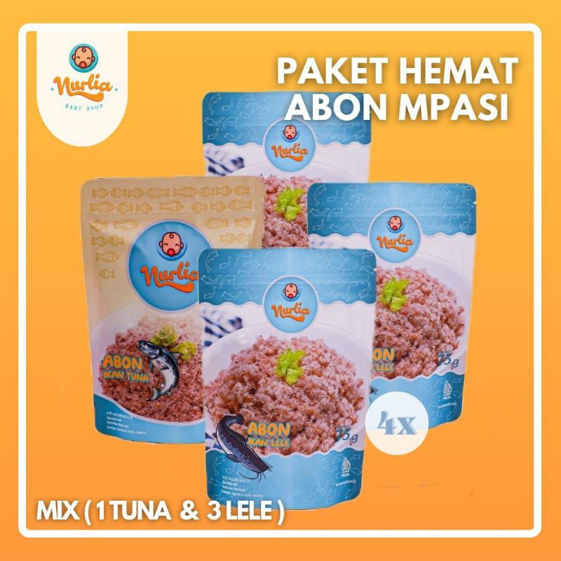 

PAKET 4 ABON NURLIA TUNA / LELE ABON BAYI KEMASAN POUCH 75 GRAM NON MSG ABON BALITA MPASI