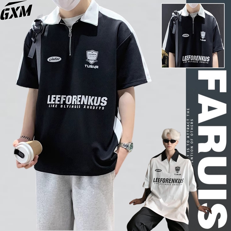 Kaos Kerah Oversize Polo Shirt Pria Polos Lengan Pendek Zipper Putih & hitam korean style baju kaos 