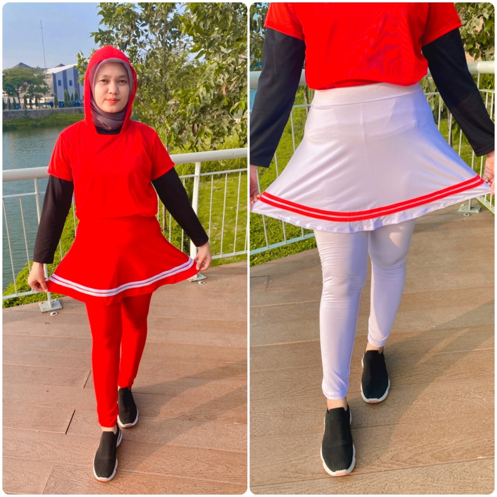 Legging Rok Olahraga List Rok Senam Model List Merah Putih / Rok Senam Zumba Aerobic Wanita Outdoor 