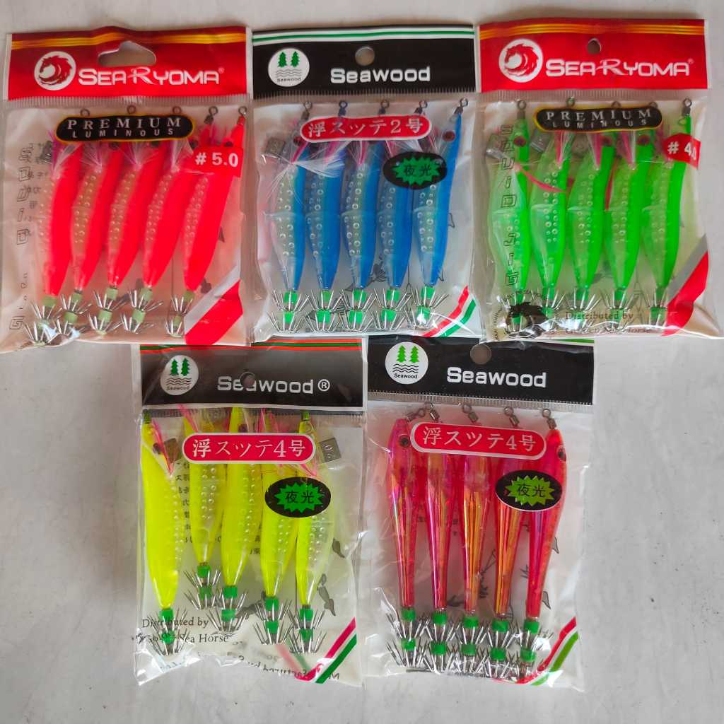 Umpan Cumi Mika Premium Apollo isi 5 Glow in the dark (menyala) bentuk udang dan mika merk Seawood &