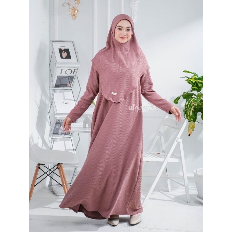 Elhasna Hijab Gamis Dress Abaya Resleting Depan Button Gold Knit Premium Jumbo