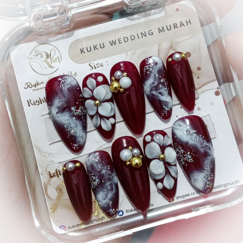 kuku wedding marble maroon handmade nail art fake nail
