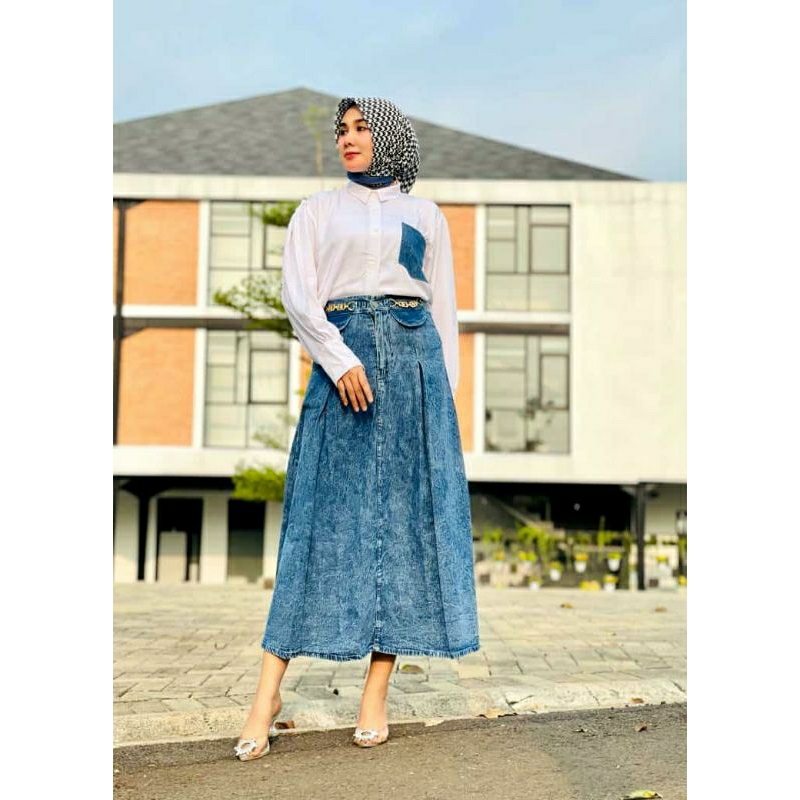 Set Rok Jeans Thalia Kemeja Putih Dan Rok Levis