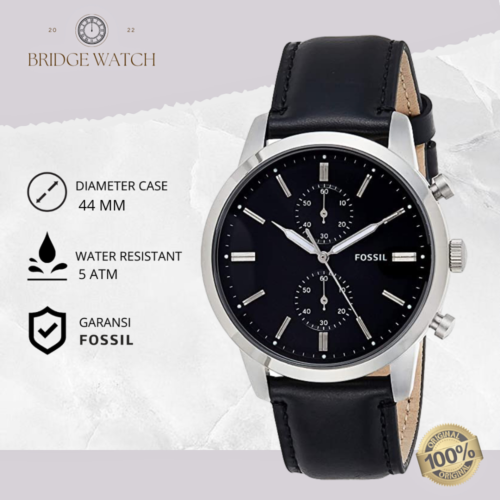 Jam Tangan Pria Fossil FS5396 Original Townsman Chronograph Analog Strap Kulit Cowok 44MM Hitam Blac
