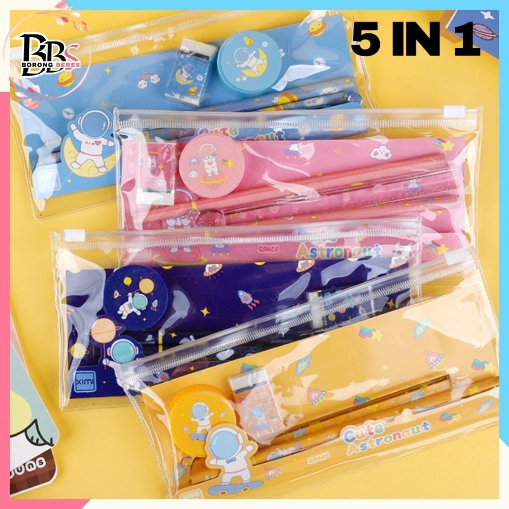 

BORES Alat Tulis Set Mini Anak Sekolah Penghapus Penggaris Pensil Serutan Stationary Set Alat Tulis 5 In 1 Karakter Lucu Warna-Warni Astronot Stationary