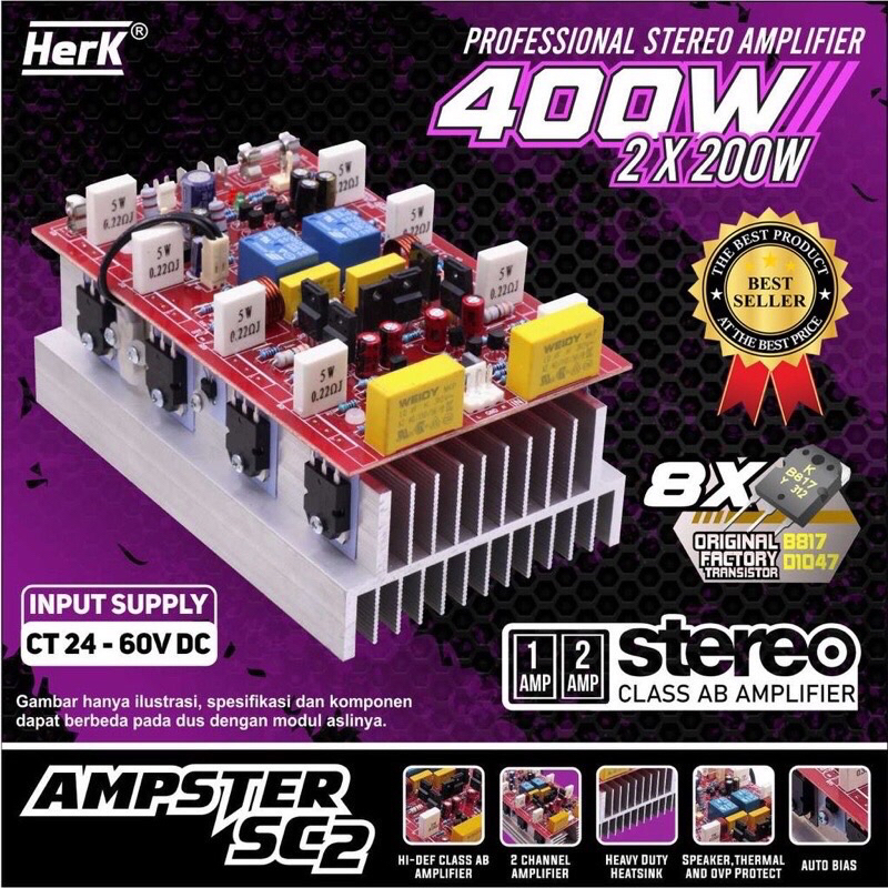 KIT POWER AMPLIFIER STEREO AKTIF AMPSTER SC2 SC-2 SC 2 2X200W 400WATT 400W HERK POWER AKTIF KIT AMPL