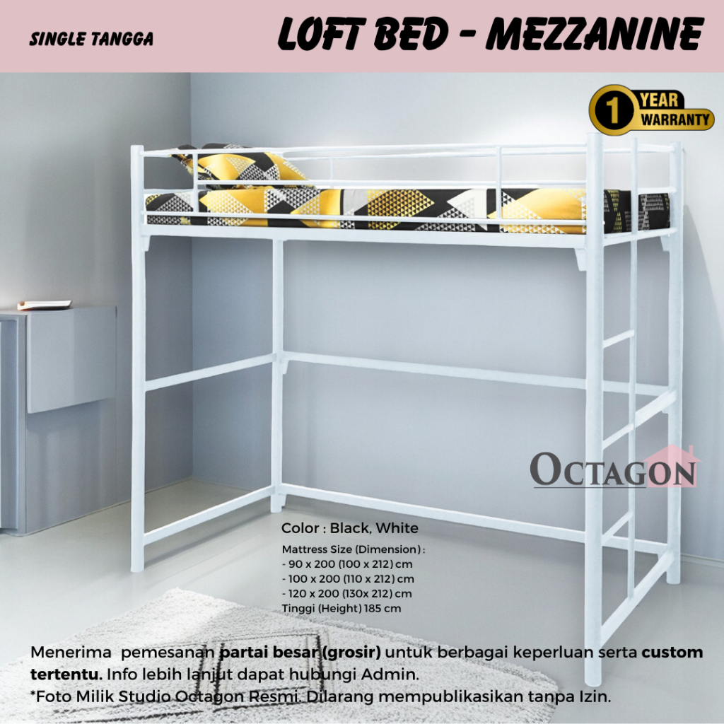 Ranjang Mezzanine Loft Bed Besi Minimalis Ranjang Tingkat Melayang 90X200 100X200 120X200 - Single T