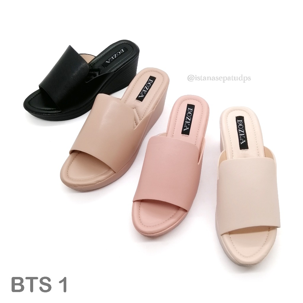Sandal Wedges Wanita Bozka BTS 1, Hitam, Mocca, Beige, Pink, Tinggi 7cm, Ringan,  Nyaman dipakai