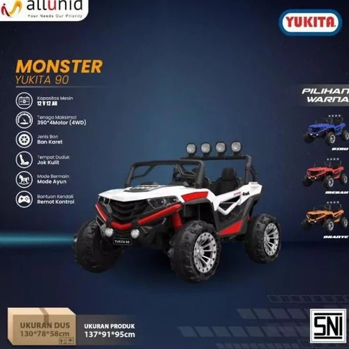 Mainan Anak Mobilan Aki Jeep Yukita 90 Monster Jok Kulit Ban Karet