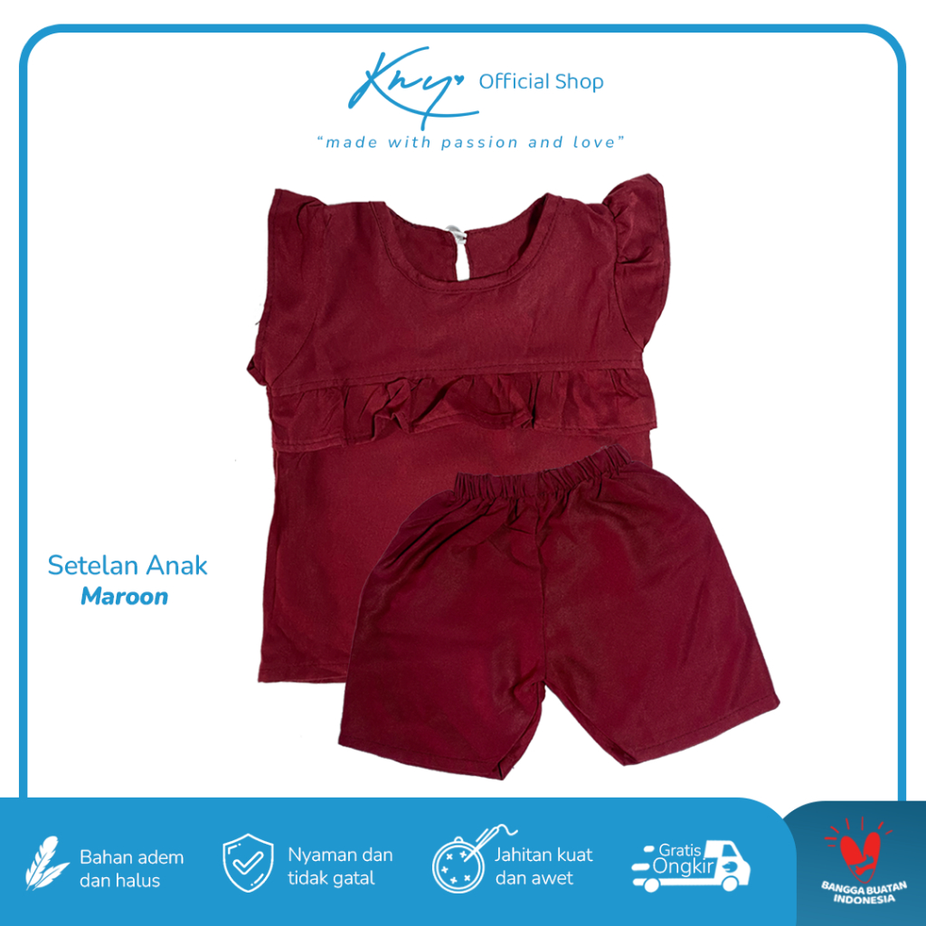KNY - Baju Anak Perempuan Setelan One Set Pendek Adem Awet - Maroon (Untuk Anak Usia 1 - 5 Tahun)