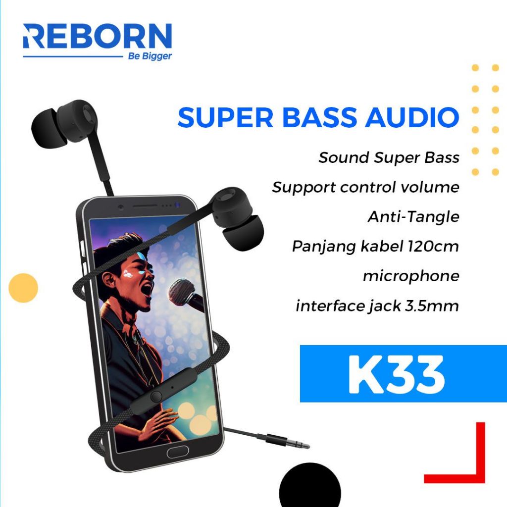 Earphone Bass Stereo Reborn K33 HD Sound Wired Super Bass With Microphone