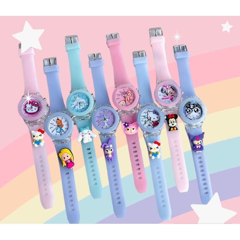 Jam tangan anak cewek karet halus motif yg imut dengan lampu led