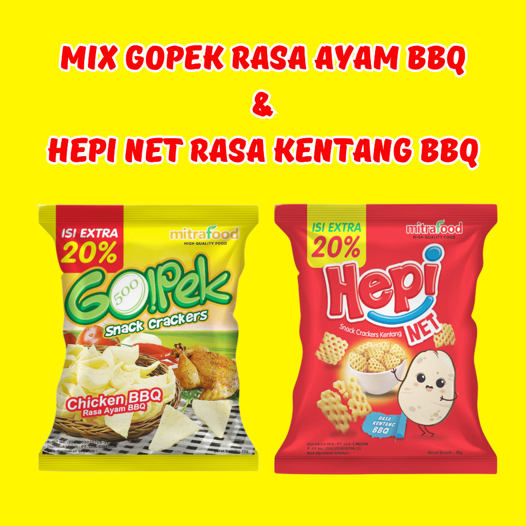 

Snack Gopek Ayam Bbq Mix Hepi Net Kentang Bbq 10 gram | 2 Renceng (20 pcs)