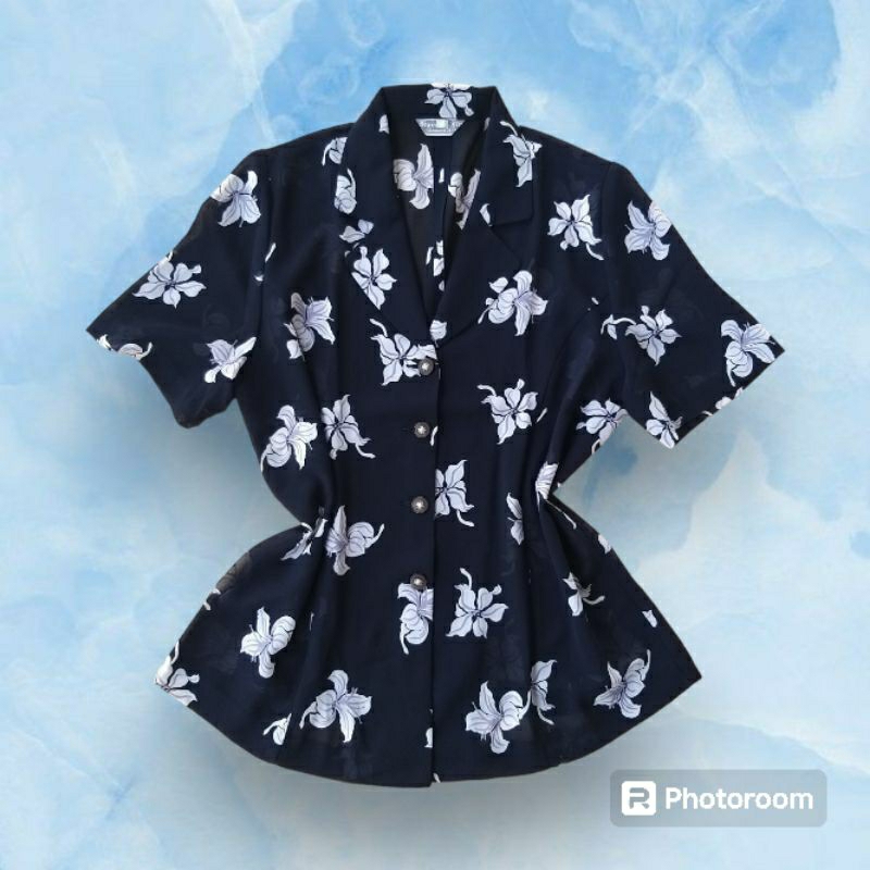 Oversized Dark Navy Vintage Floral Top | kemeja atasan blouse retro bunga flower y2k coquette dollet