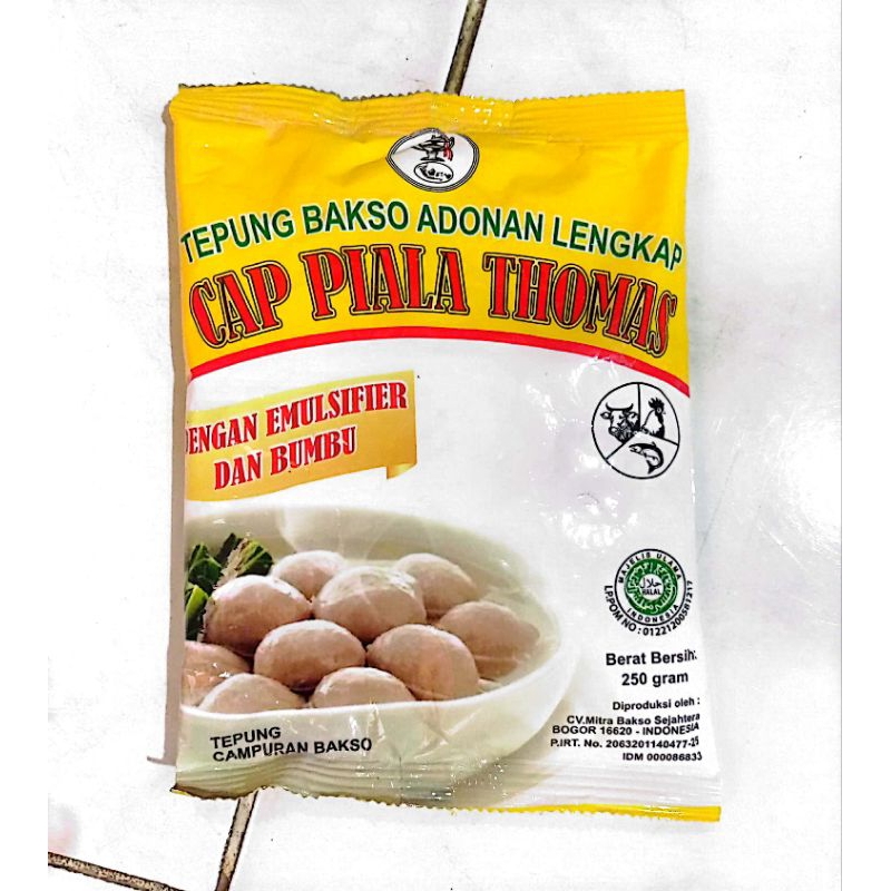 

CAP PIALA THOMAS, TEPUNG BAKSO ADONAN LENGKAP dengan emulsioner dan bumbu 3 X 250 GR. Jual per pak ( 3 bungkus x 250 gr)