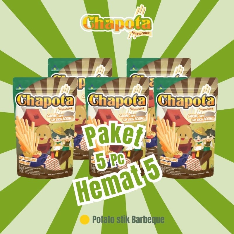 

Paket Hemat 5 isi 5 Pcs Chapota Potato stik Barbeque 100g