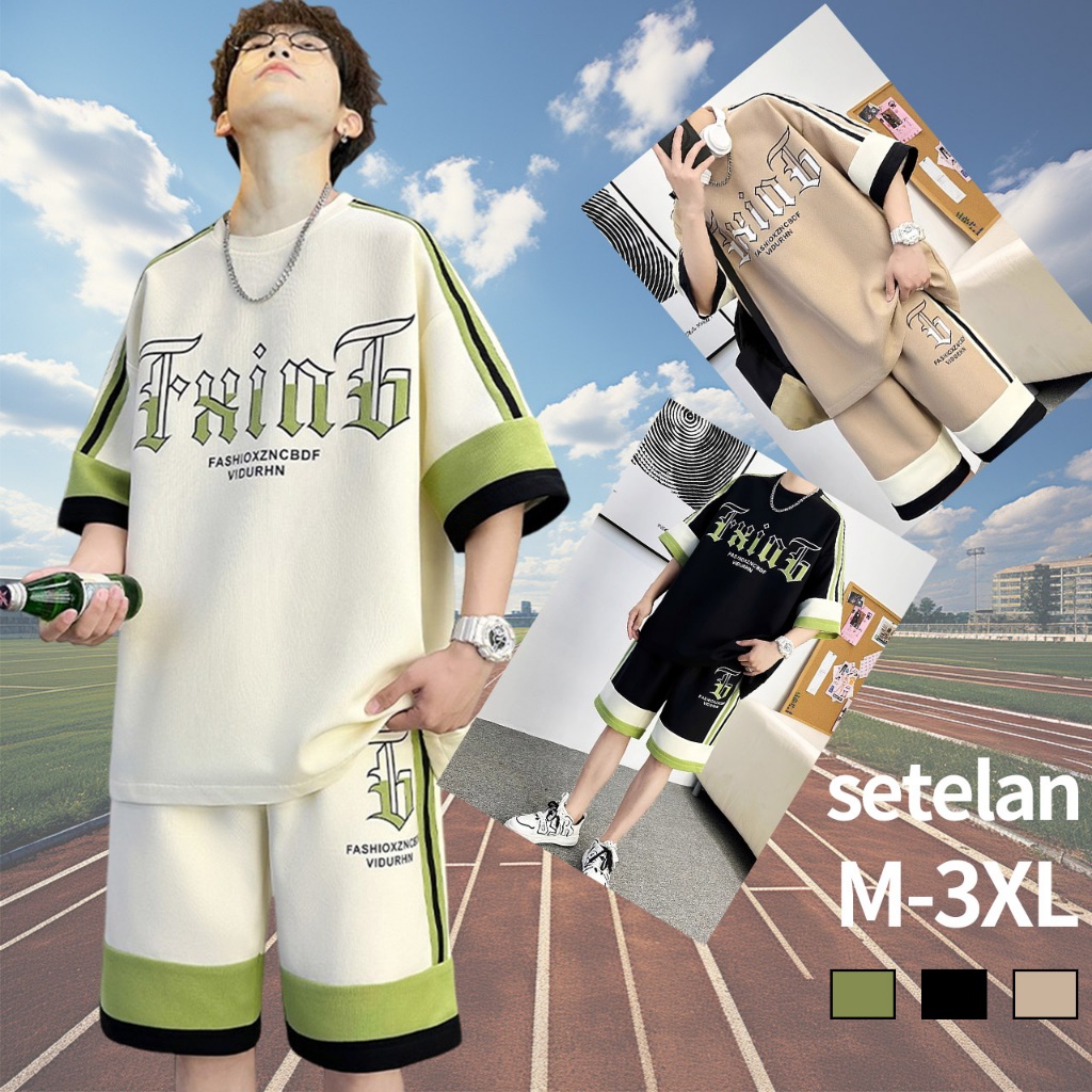 baju setelan baju olahraga pria baju oversize pria korean style kain waffle Jahitan warna kontras on