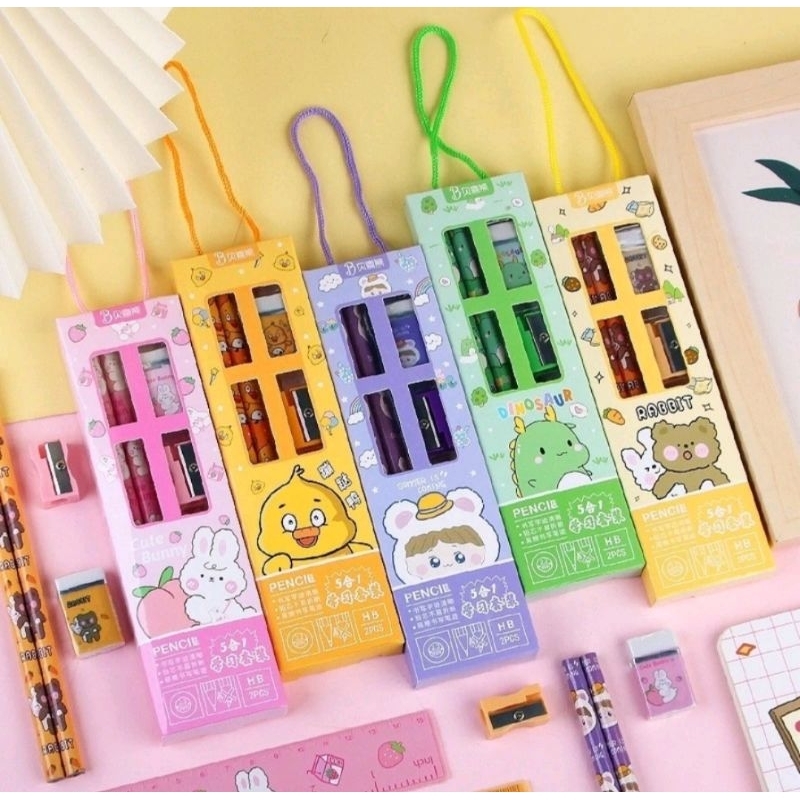 

Set alat tulis 5 in 1 stationary / set alat tulis karakter / set pensil penghapus penggaris peraut lucu