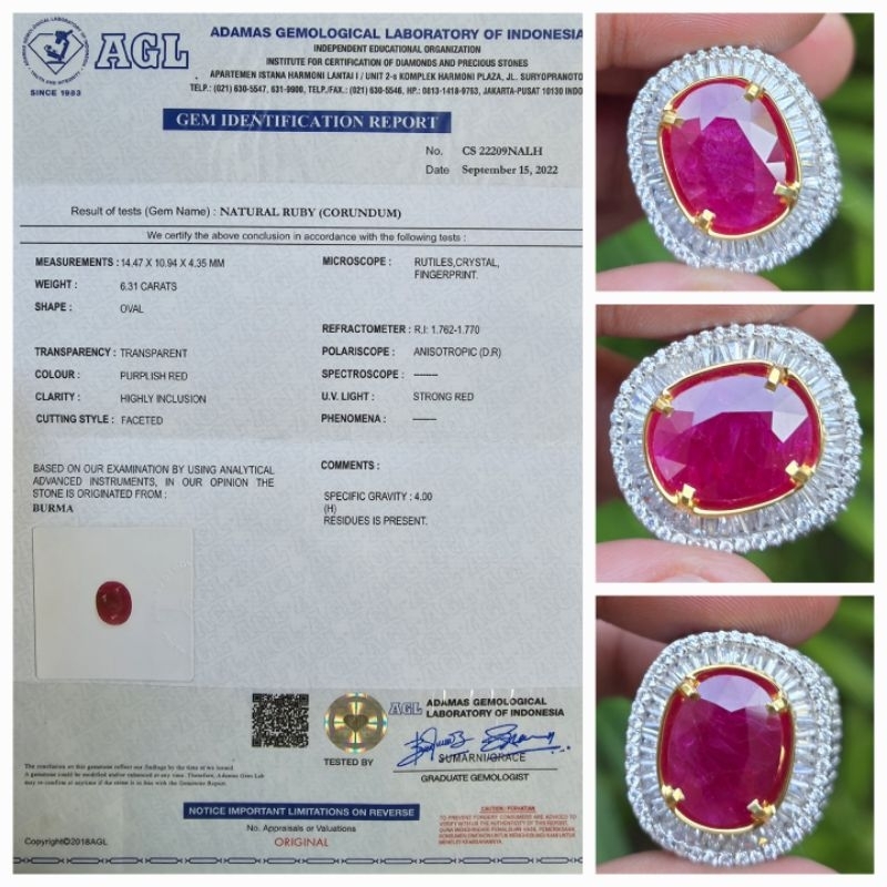 Natural Red Ruby Burma Myanmar Sertifikat 6.31 crt
