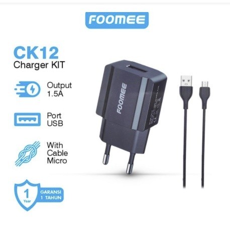 FOOMEE CK12 CC27s Travel Adaptor Charger / Batok Single USB + Micro Cable Data