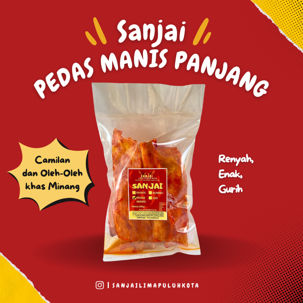 

Keripik Sanjai Pedas Manis Panjang 200gr / Camilan dan Oleh Oleh khas Minang / Cemilan Asin / Makanan Ringan