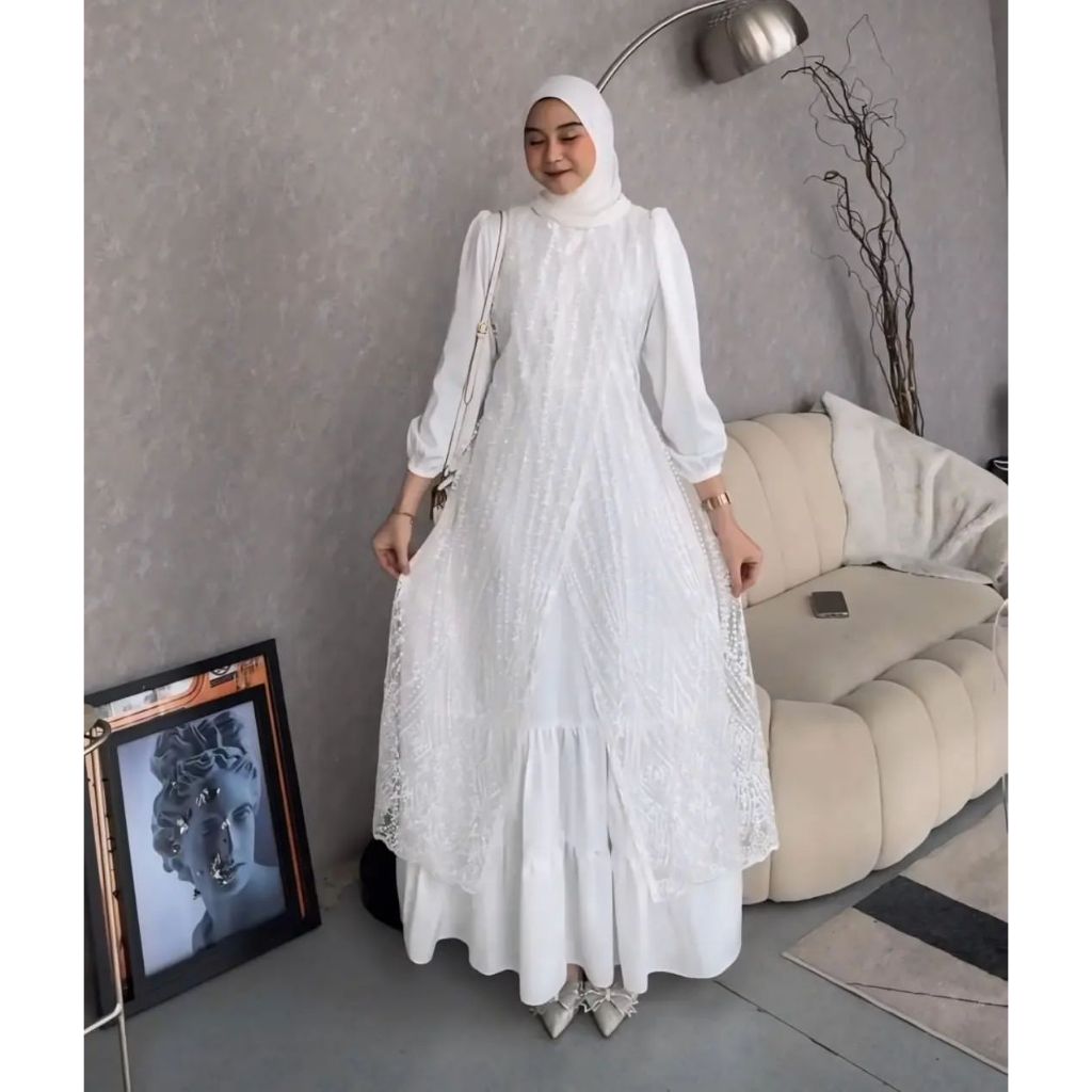 Gamis Wanita Warna Putih Mewah Anggun Dress Bahan Velvet Mix Brukat Gamis Kondangan Pesta Elegan