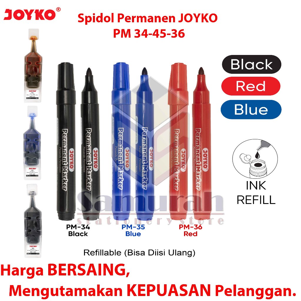 

H7Y Spidol Permanent Marker Joyko PM 34 Hitam / Pm 35 Biru / PM 36 Merah Bisa Refill isi Ulang - Per