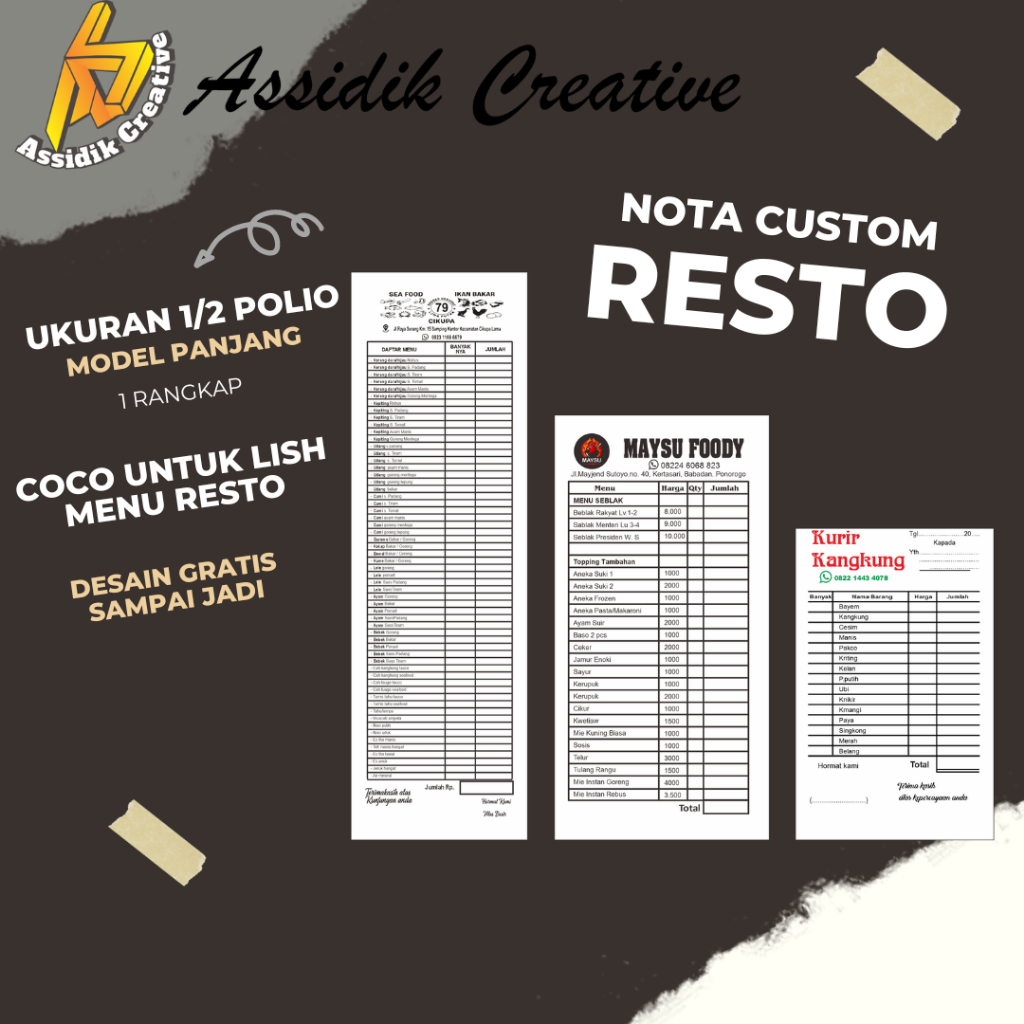 

Nota Custom Restoran Nota List Menu Resto 1/2 Polio Model Panjang 1 Rangkap