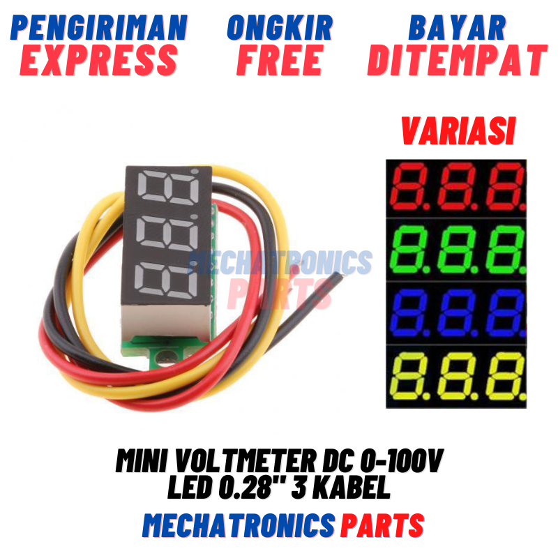 Mini Voltmeter DC 0-100V LED Kuning Hijau Biru Merah 0.28" 3 Kabel Digital Volt Meter 30V