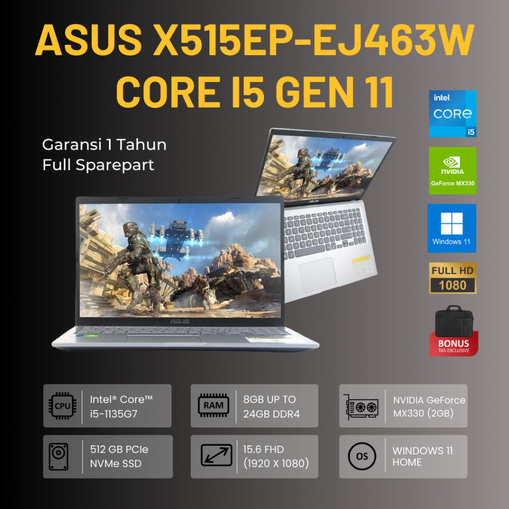 ASUS X515EP-EJ463W WITH INTEL i5 11th GEN | NVIDIA MX330 (2GB GDDR 5) | 512GB SSD | 24GB RAM | LAYAR