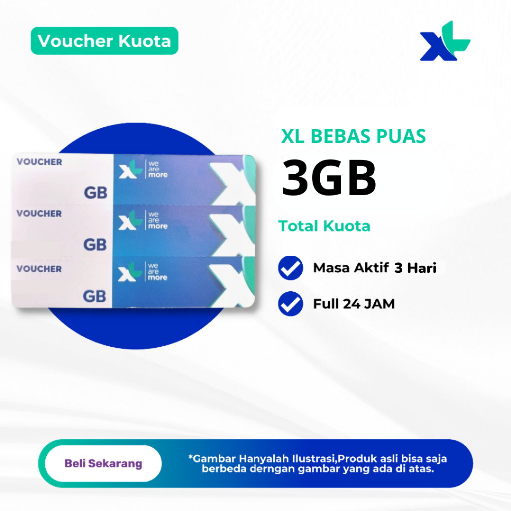 Voucher Kuota XL 3GB Full 24 JAM Masa Aktif 3 Hari - Voucher XL Bebas Puas 3GB 3 Hari - Paket Data X