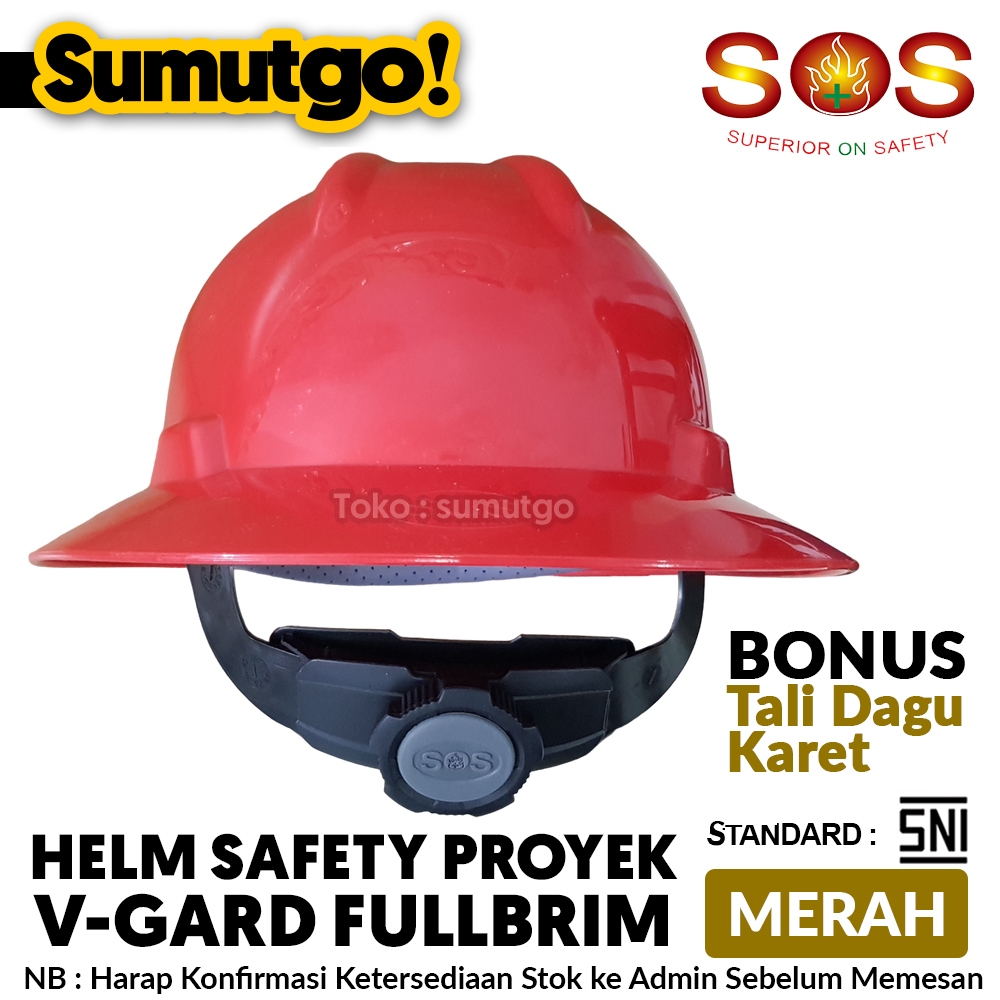 [ TERMURAH ] Helm Safety Proyek Fullbrim SOS warna Merah + ikat Kepala Putar  + Tali Dagu Karet / K3