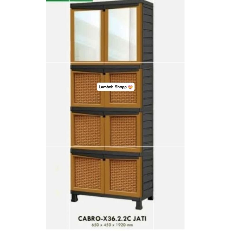 Lemari plastik motif jati kaca 2, 4 tingkat Kode CABRO X 36.2.2C JATI Merk napolly Ukuran 650 x 450 