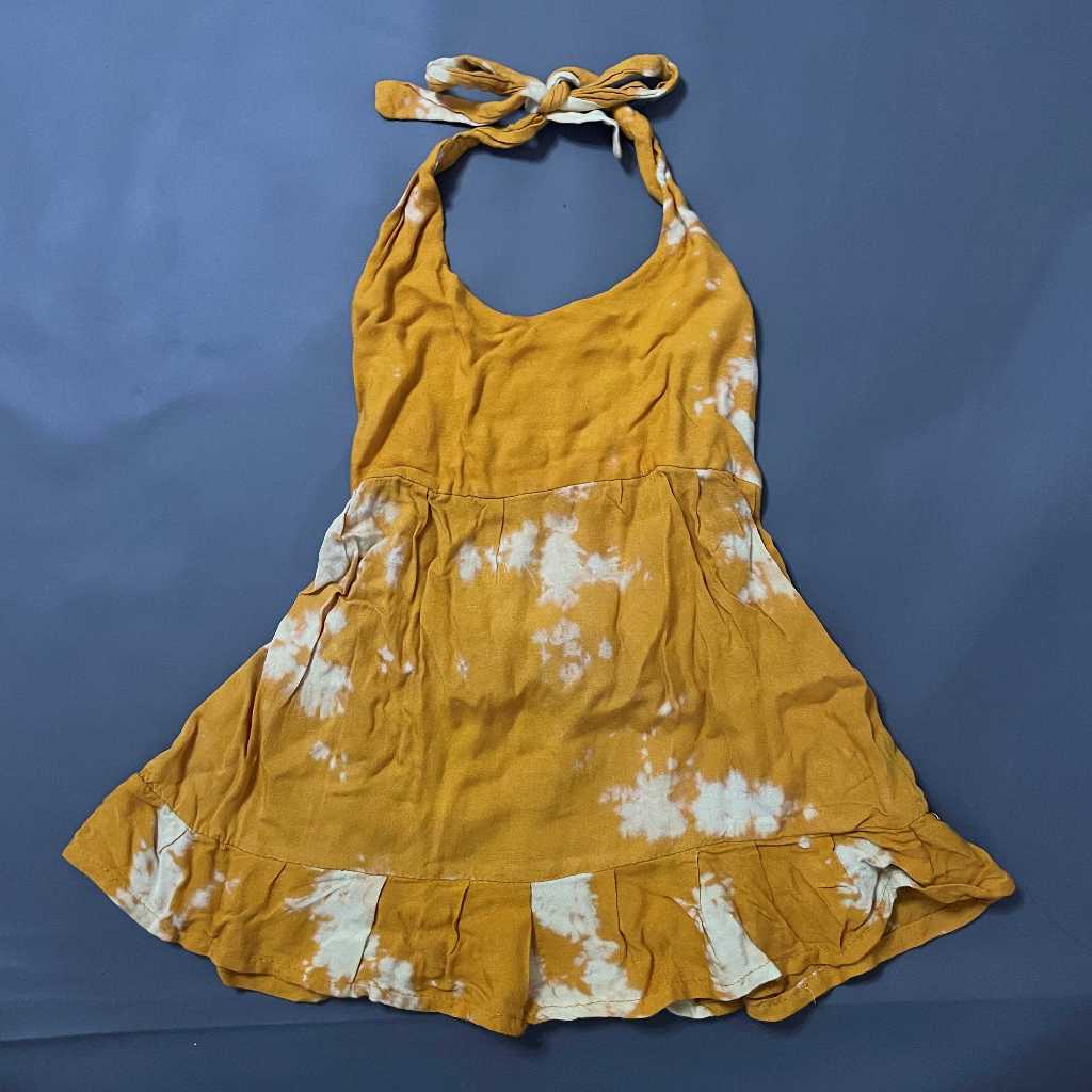 (NB, PRELOVED) K141 Dress Atasan Santai Bali Adem Tali Ikat Leher Punggung Karet Oranye Mustard Tie 