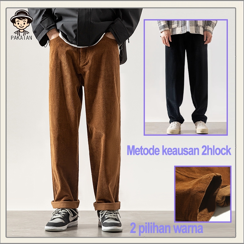 Celana panjang pria celana kasual longgar celana corduroy celana corduroy pria celana gombrong pria 