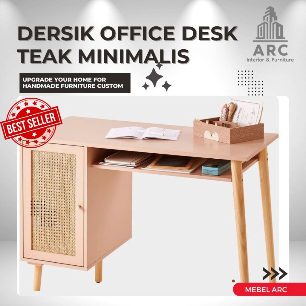 Meja Kantor Kayu Jati Kombinasi Rotan / Meja Komputer Kayu Jati