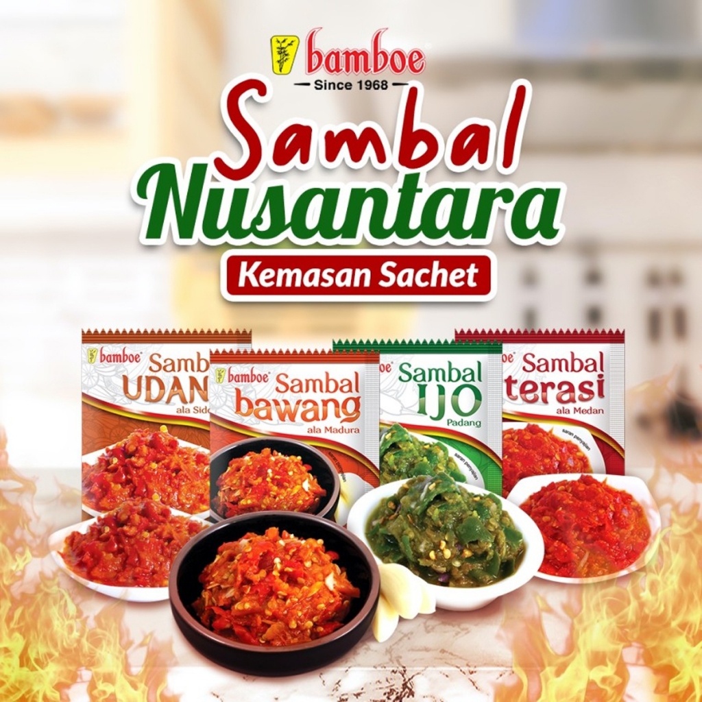

Sambal Terasi, Ijo, Bawang, Udang Bamboe 5 Sachet x 15 Gram