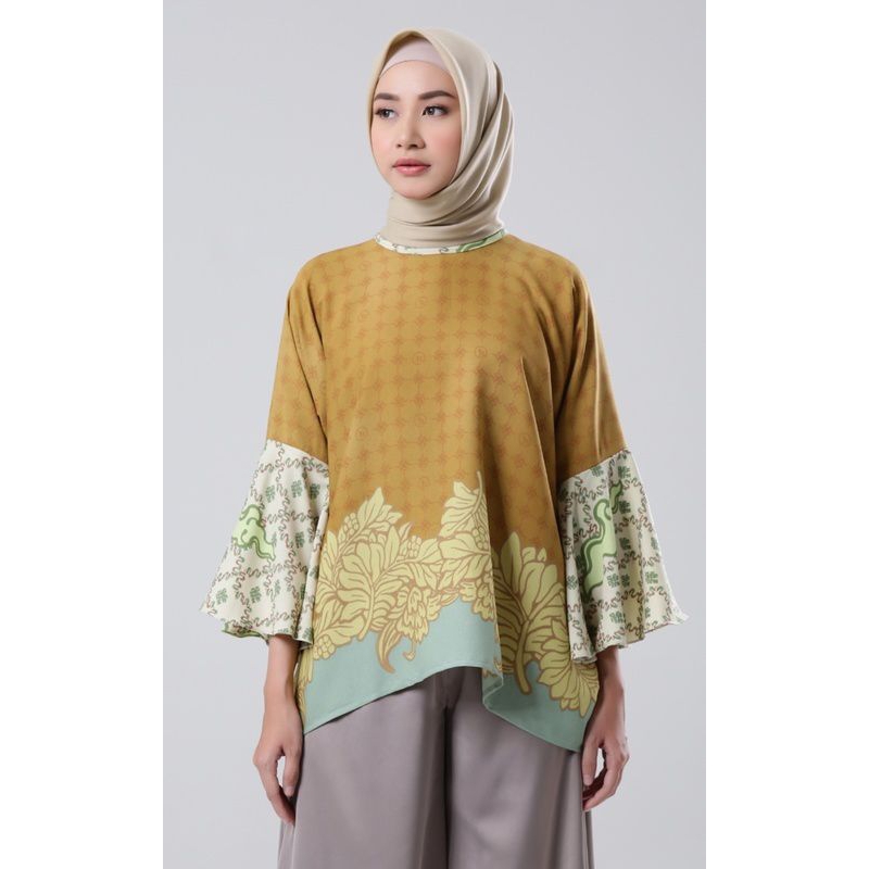 Riamiranda - Dalai Top Atasan Blus Wanita Bahan Beslon Motif Bunga Allsize Jumbo Mustard dan Blue