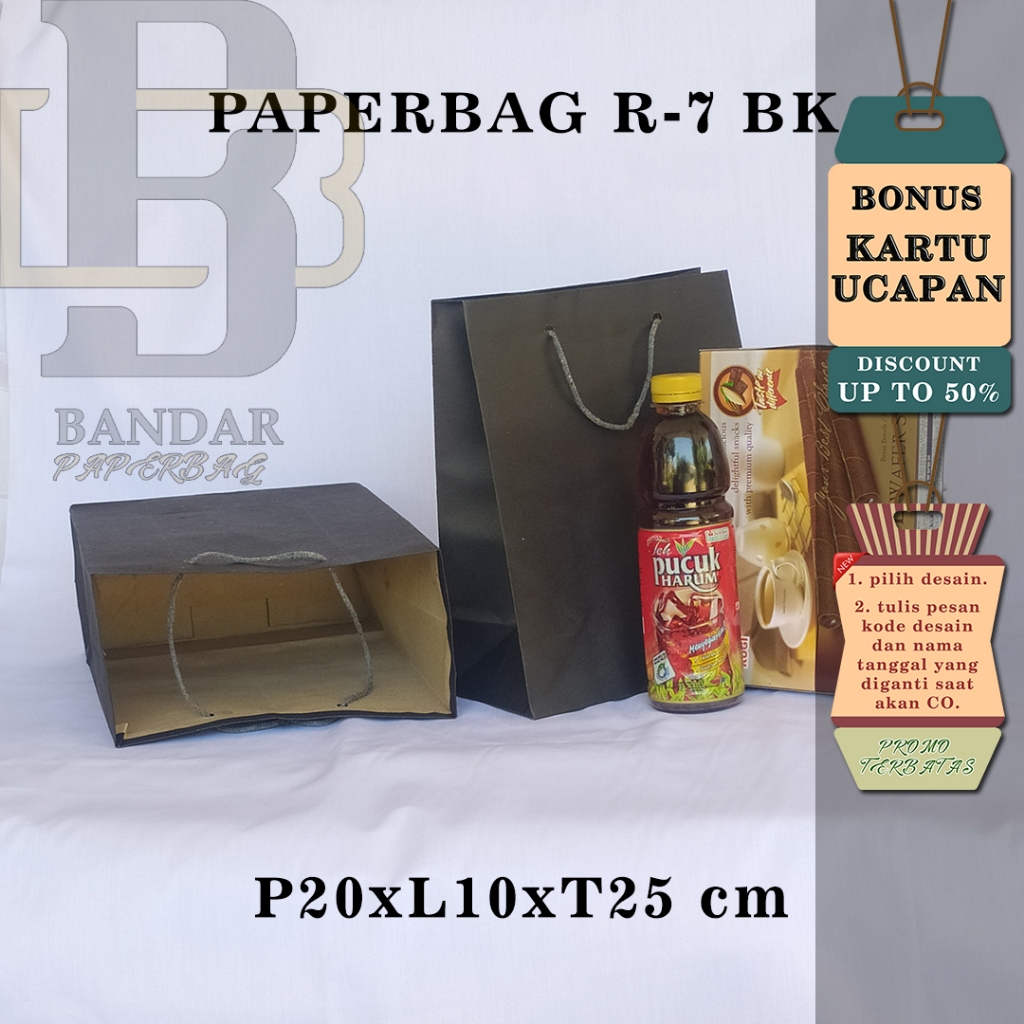 

PAPERBAG BONUS KARTU UCAPAN UKURAN R-7 BK (P20 X L10 X T25 CM) WARNA HITAM POLOS
