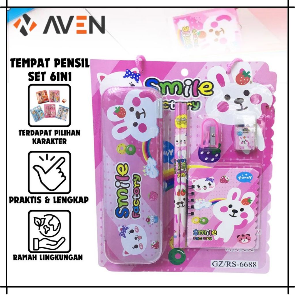 

AVEN Tempat Pensil Set 6in1 / Kotak Penyimpanan Pensil Pulpen Penghapus Penggaris Rautan Karakter Lucu / Stationery Set / Alat Tulis Anak Lengkap Untuk Sekolah PAUD TK SD Kado Hadiah Souvenir Unik Berkualitas