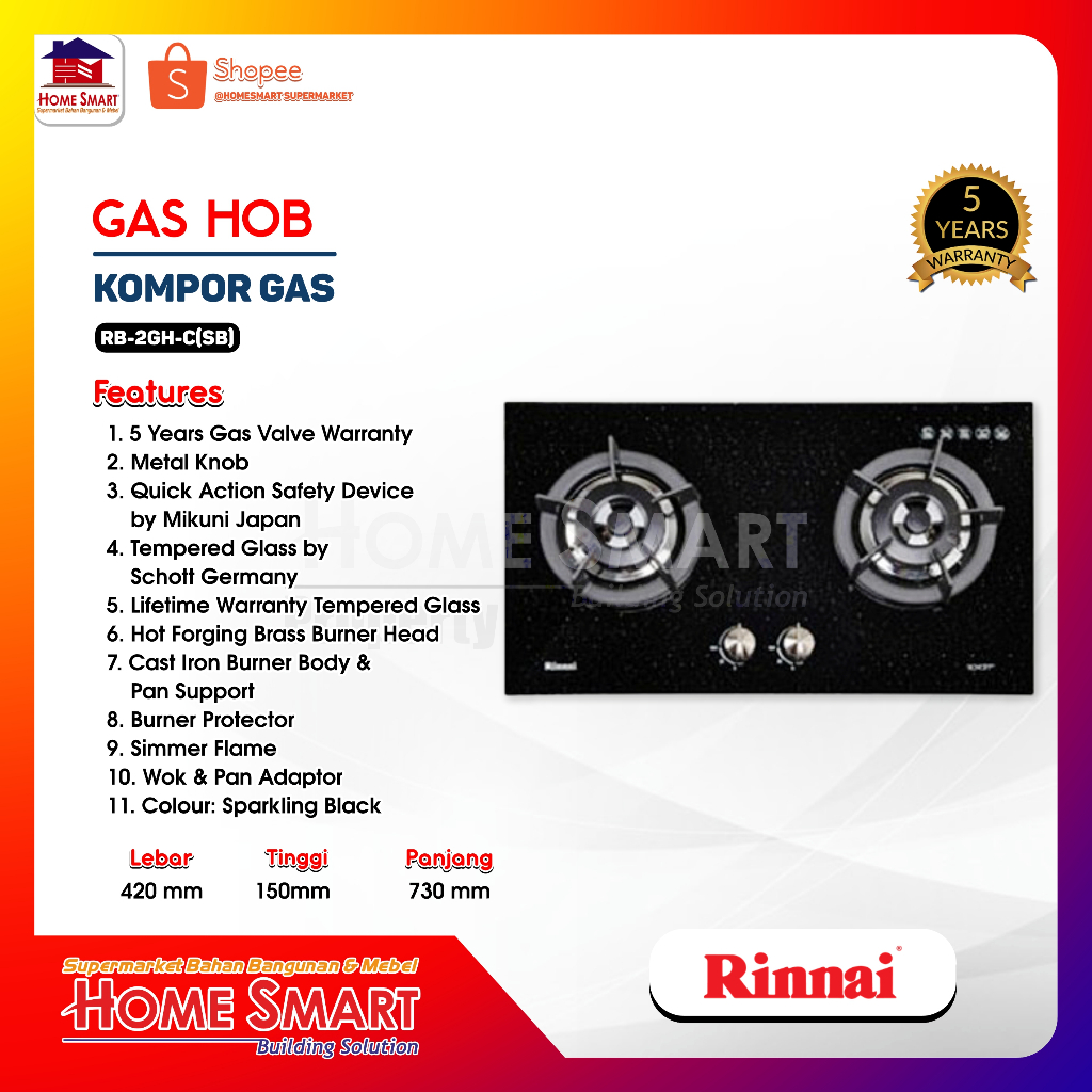 Kompor Gas Tanam 2 Tungku Rinnai RB-2GH-C (SB)