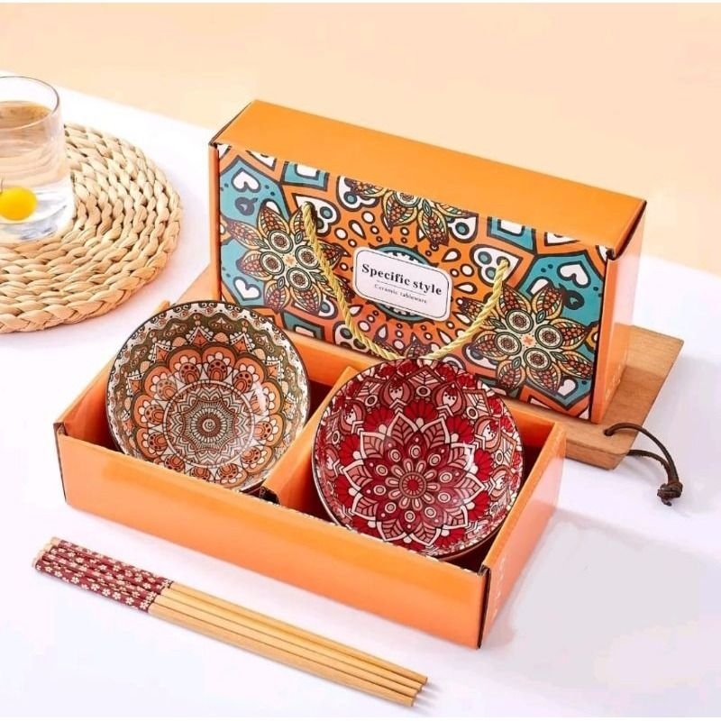 Mangkok Keramik Set Isi 2 + Sumpit / Hampers Mangkok Keramik Korea Jepang set