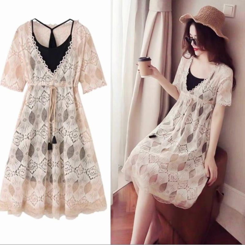 6679 (Set INNER DRESS)  BAJU MINIDRESS CELENA LACE BROKAT DRAWSTRING WAIST MINI DRESS VNECK lengan p
