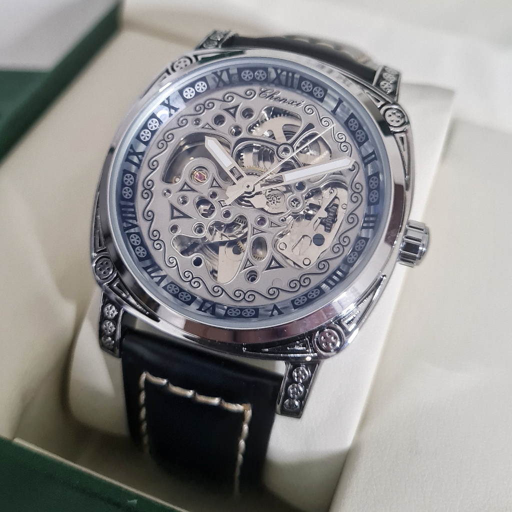 CHENXI Divinus Jam Tangan Pria Original Automatic Otomatis Skeleton Tanpa Baterai Silver Anti Air
